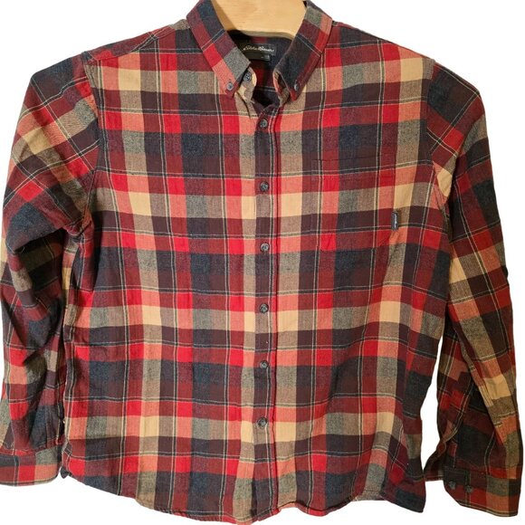 Eddie Bauer Button Down Flannel Shirt Large Men's Long Sleeve Orange Gray Tan - Picture 2 of 6